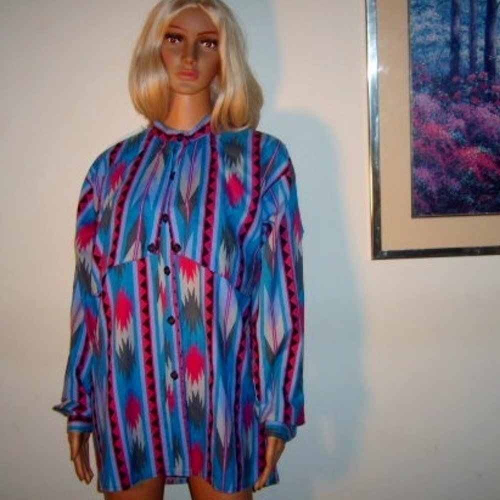 Vintage Western Cape Shirt Women's XL Bold Stripe Aztec Print Handmade
